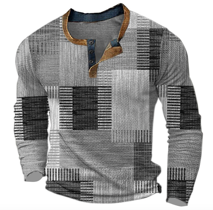 Herren-Henley-Sweatshirt mit geometrischem Muster in Grau mit schwarz-grauen Streifen, Vorderansicht mit Knopfleiste und braun abgesetztem Ausschnitt.