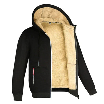 Schwarzes Herren-Sweatshirt mit Reißverschluss, Sherpa-Futter, Wintermode, Kapuze.