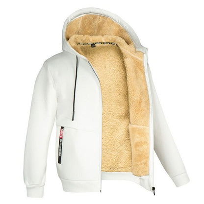 Weißes Herren-Sweatshirt mit Reißverschluss, Sherpa-Futter, Kapuze, Wintermode.