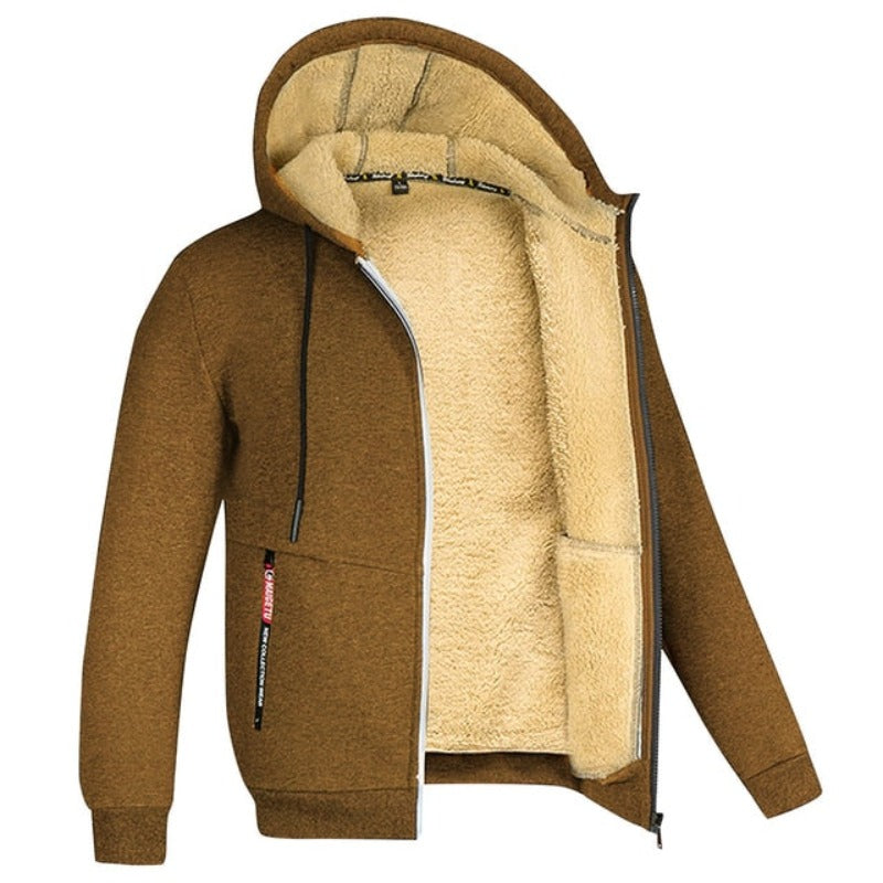 Braunes Herren-Sweatshirt mit Reißverschluss, Sherpa-Futter, Kapuze, Wintermode.