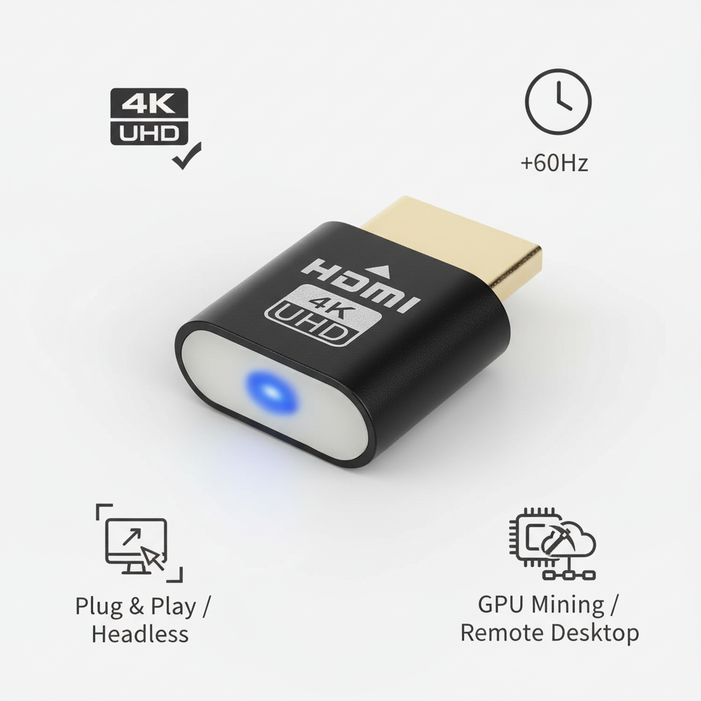 Schwarzer HDMI-Stecker mit blauer LED, umgeben von vier Symbolen für 4K-Auflösung, 60 Hertz, Plug-and-Play und Einsatz ohne Monitor. 2