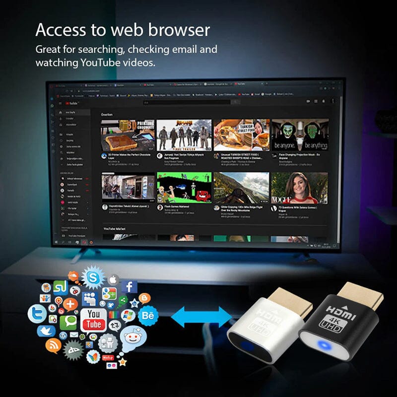 Schwarzer und silberner Stecker vor einem Fernseher mit geöffneter Videoplattform im Browser, links Symbole verschiedener Online-Dienste. 6