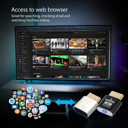 Schwarzer und silberner Stecker vor einem Fernseher mit geöffneter Videoplattform im Browser, links Symbole verschiedener Online-Dienste. 6
