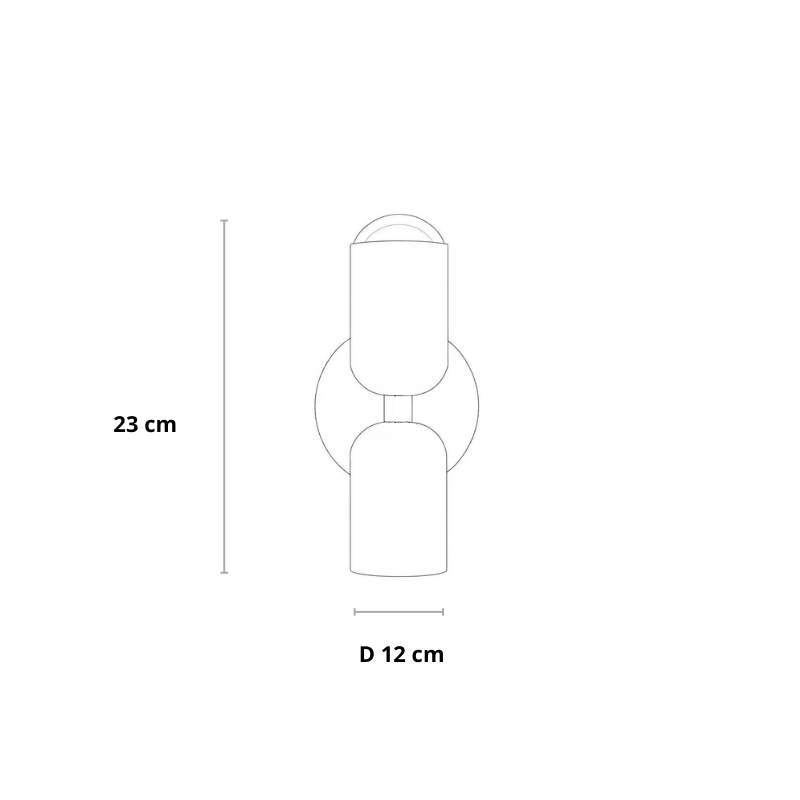 Technische Strichzeichnung der Wandlampe mit eingetragenen Maßen für Höhe und Durchmesser der runden Wandplatte. 23