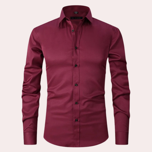 Bordeauxrotes Herrenhemd, Stretch, langärmelig, Knopfleiste, elegantes Design.