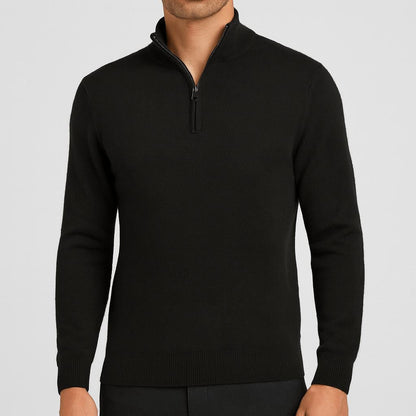 Herren Merinowollpullover mit V-Ausschnitt in Schwarz, Detail von Kragen und Rippenbündchen