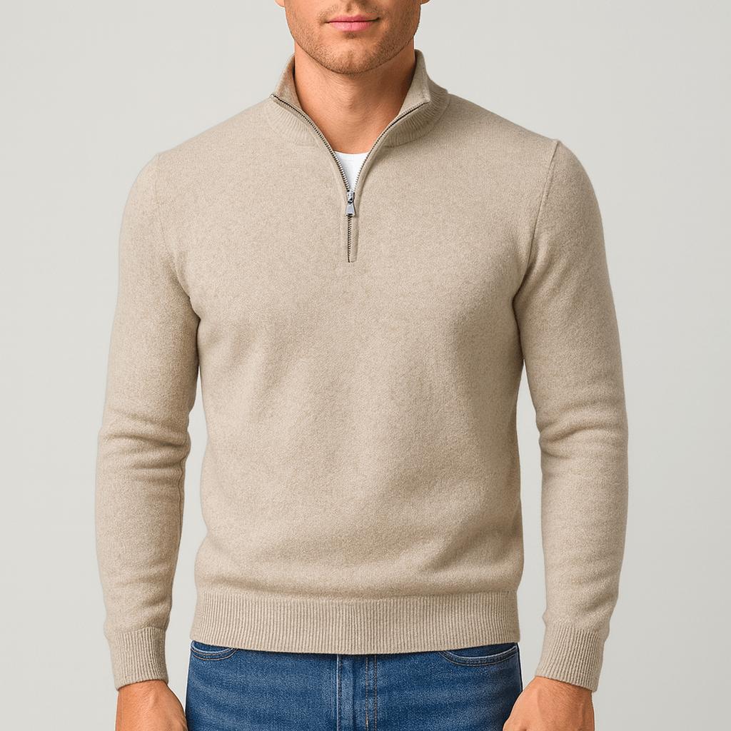 Herren Merinowollpullover mit V-Ausschnitt in Beige, Vorderansicht