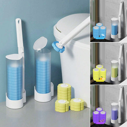 Einweg-Toilettenbürste mit Spender und Stiel neben der Toilette und Aufsätzen in Blau, Gelb und Violett