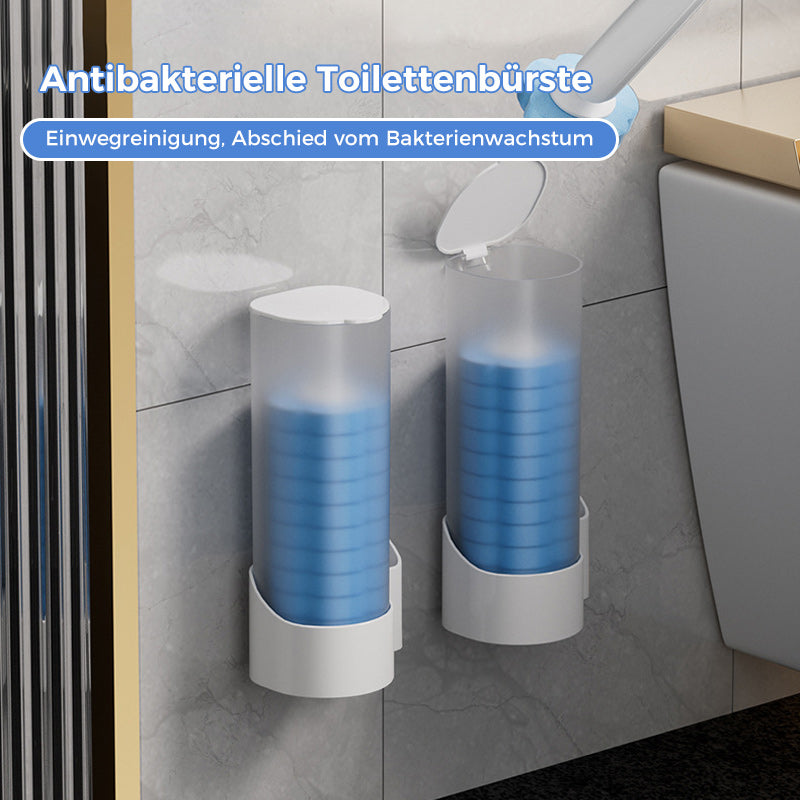 Einweg-Toilettenbürste mit blauen Schwammaufsätzen an einer Marmorwand im Badezimmer