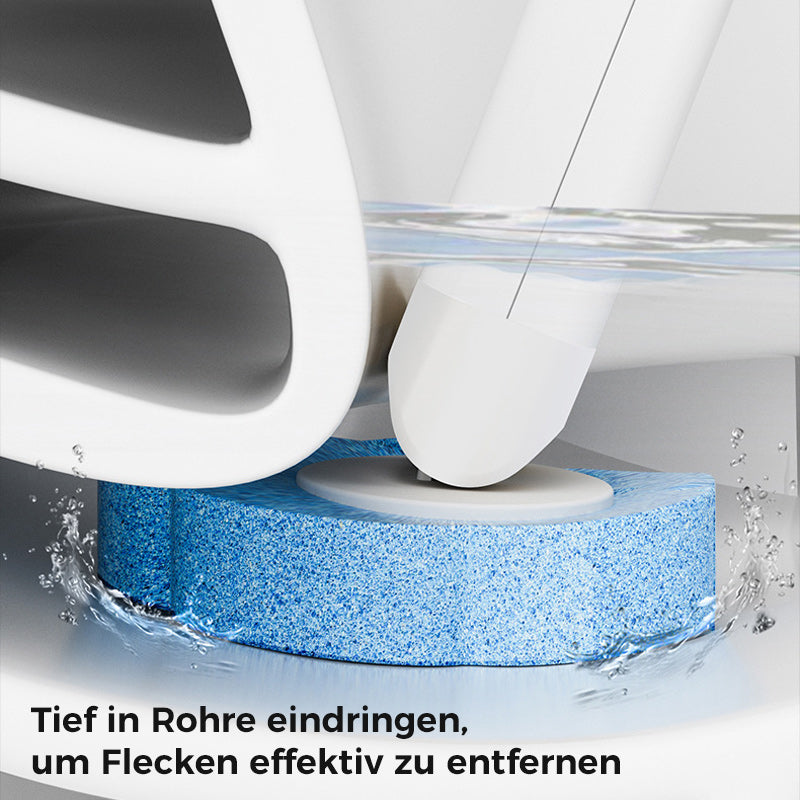 Detail des blauen Schwammaufsatzes am Stiel beim Reinigen unter dem Toilettenrand