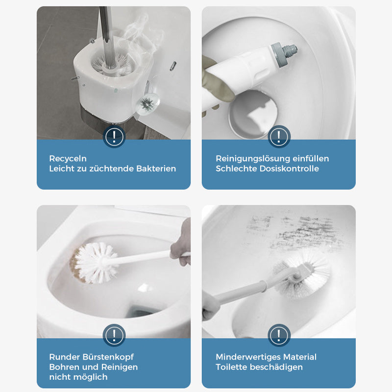 Vergleichsbilder herkömmlicher Toilettenbürsten mit Problemen wie Bakterienbildung und minderwertigem Material