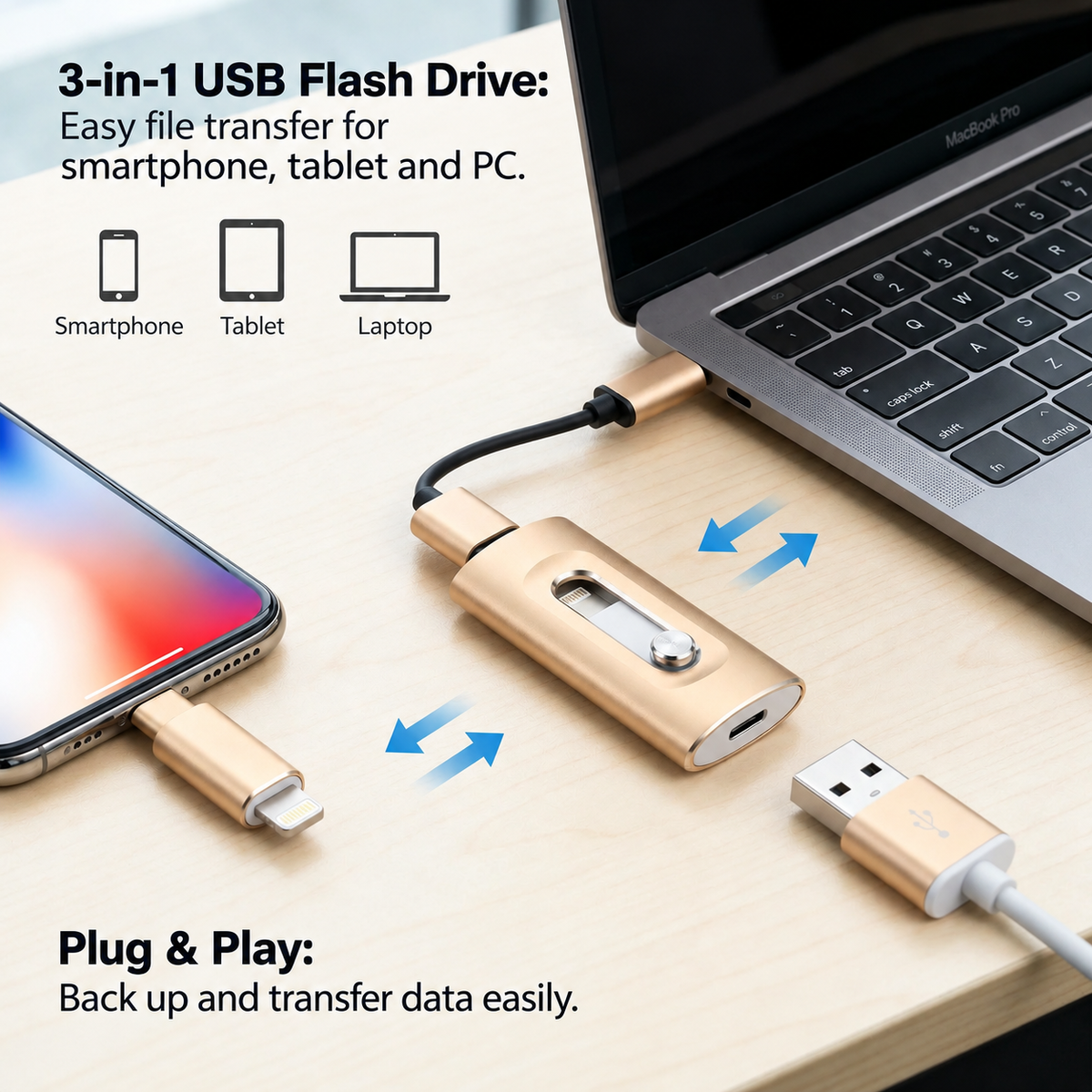 Goldfarbener USB-Stick mit Adaptern für Smartphone, Tablet und Laptop.
