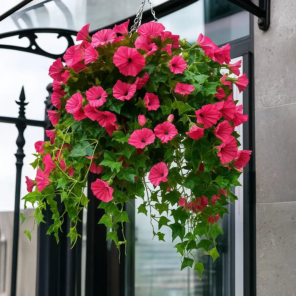 Künstlicher Prunkwindenstängel in Pink mit grünen Blättern in einer Hängeampel an einer Kette.