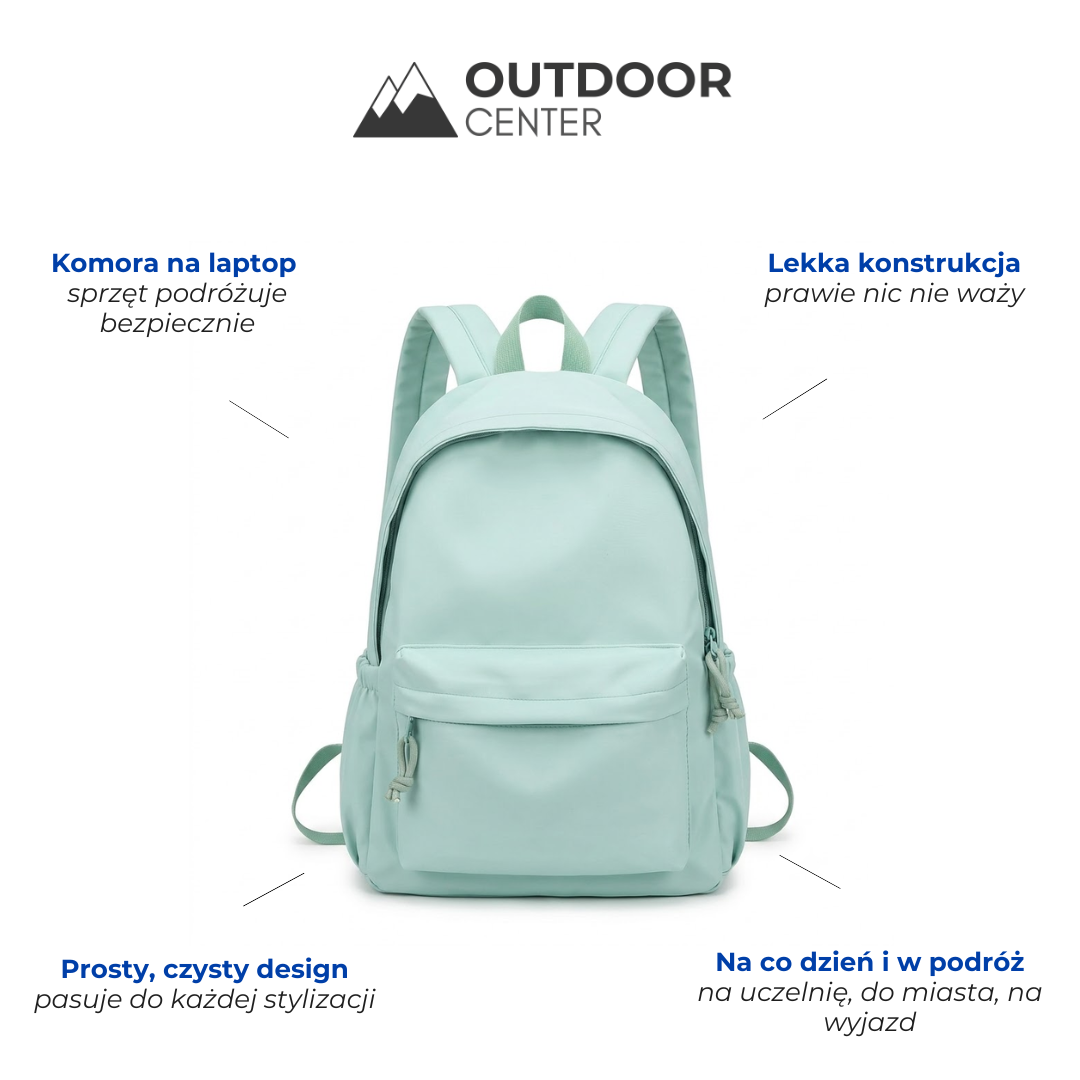 Mintgrüner Rucksack in Frontansicht auf einer Infografik mit Laptopfach, geringem Gewicht, schlichtem Design und Alltagstauglichkeit.