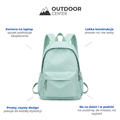 Mintgrüner Rucksack in Frontansicht auf einer Infografik mit Laptopfach, geringem Gewicht, schlichtem Design und Alltagstauglichkeit.