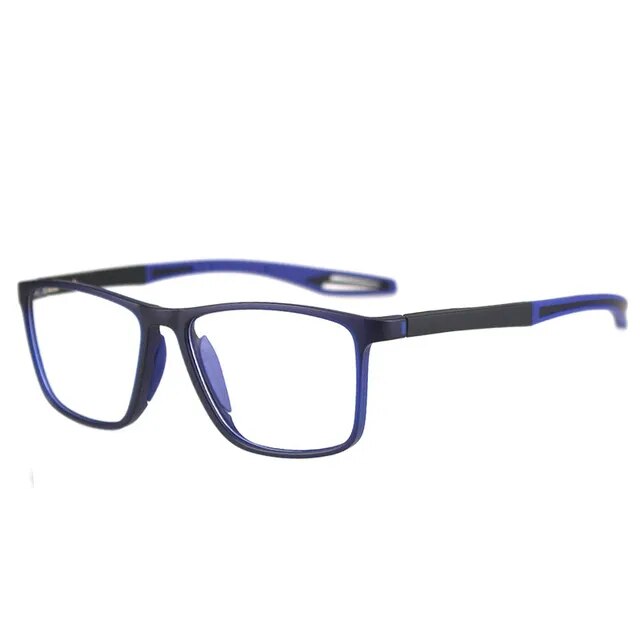 Brille mit dunkelblauem Rahmen und blauen Bügelenden, freigestellt in Schrägansicht auf Weiß 9