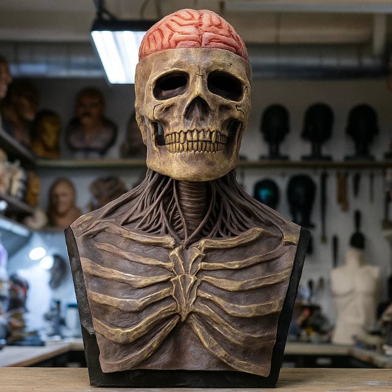 Skelettmaske mit Hut in beige mit Vollgesichtsdesign auf einer Büste