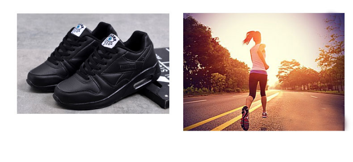 Links schwarze Sneaker auf grauem Boden, rechts eine Joggerin von hinten auf einer Straße im Sonnenlicht 5