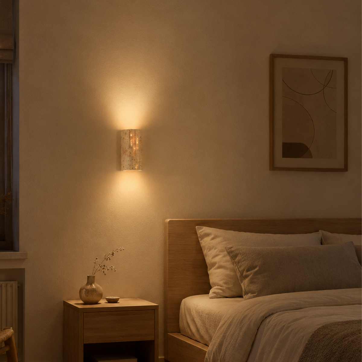 Wandleuchte aus Naturstein in Beige im Schlafzimmer neben Bett und Nachttisch