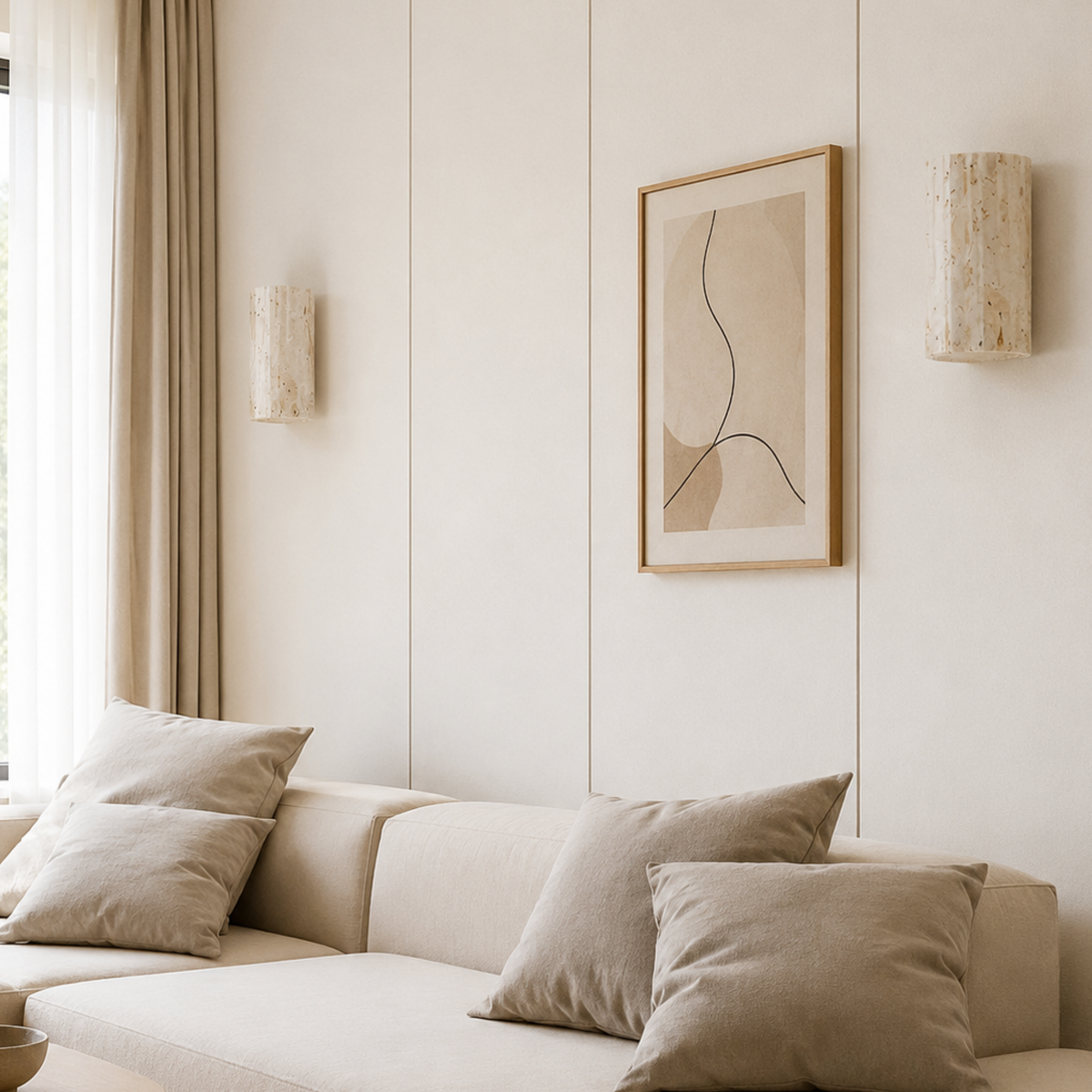 Wandleuchte aus Naturstein in Beige an einer hellen Wand neben einem gerahmten Bild