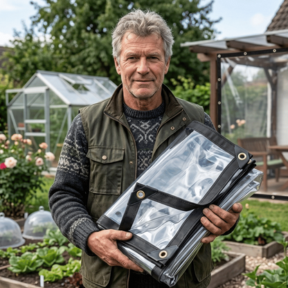 Klare Schutzplane mit schwarzem Rand und Ösen, im Garten gehalten