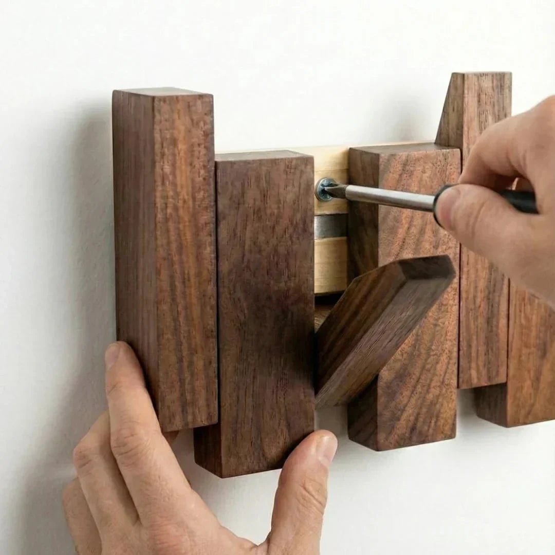 Piano Massivholz-Garderobe aus Holz bei der Montage an einer weißen Wand, Detail