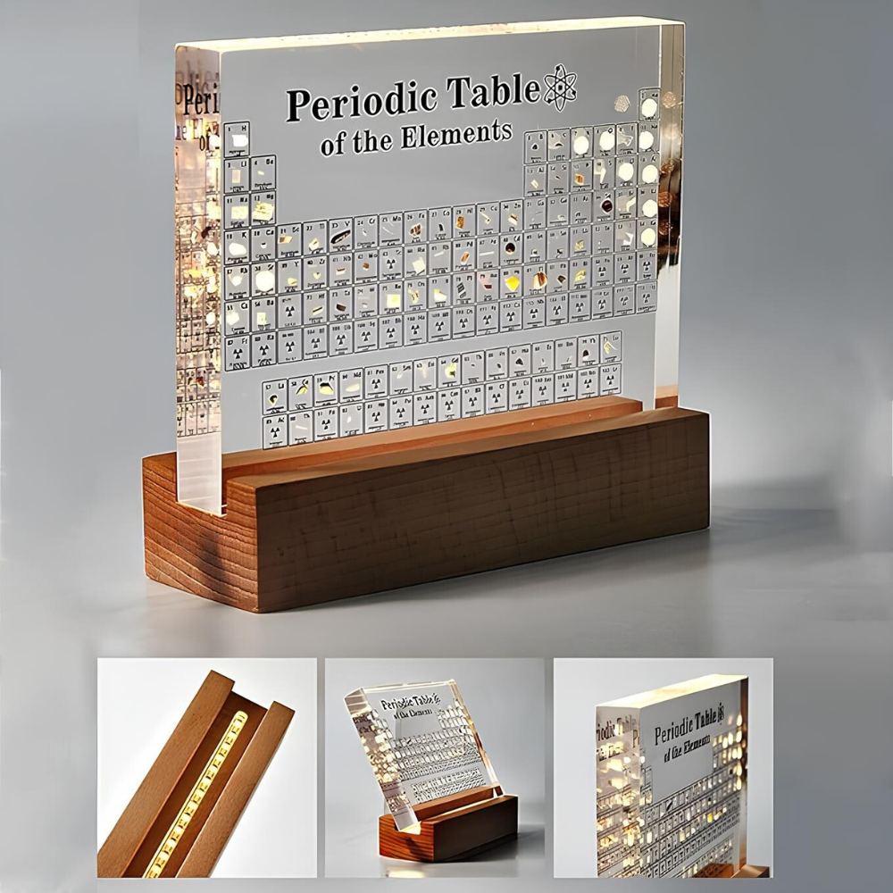 Leuchtender Periodensystem-Tisch aus Acryl und Holz, dekorative Wissenschaftsdekoration.