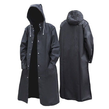 Schwarzer Regenmantel mit Kapuze, wasserdicht, lang, Unisex, Outdoor-Bekleidung.