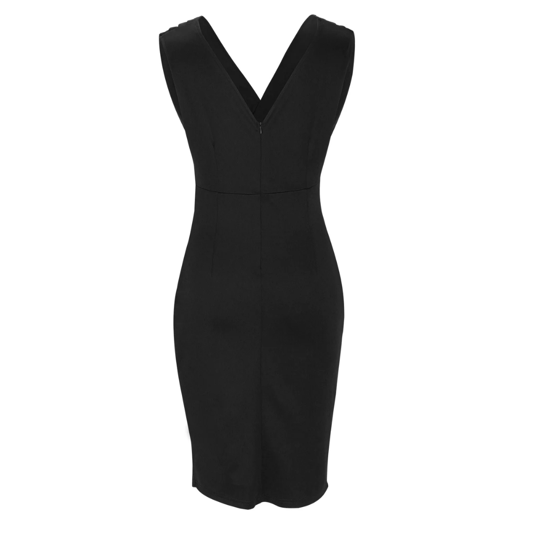 Schwarzes ärmelloses Etuikleid, V-Ausschnitt, elegantes Design, knielang, Damenmode.