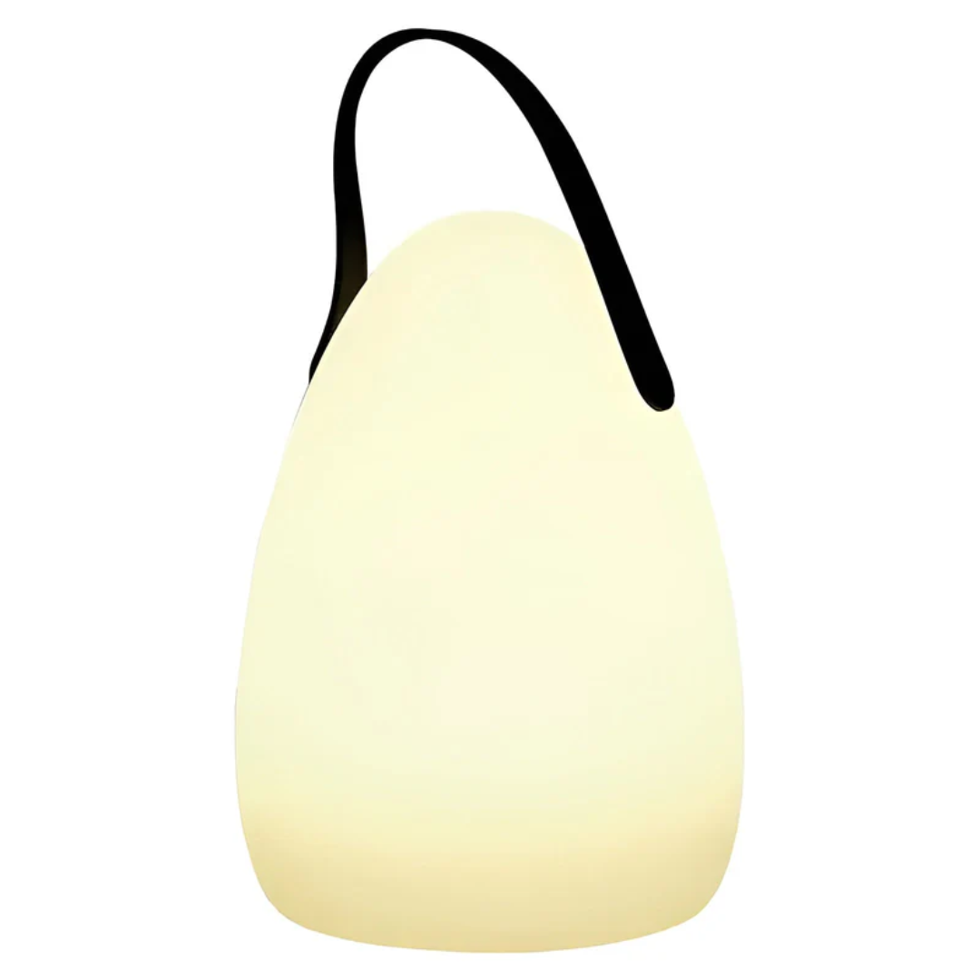 Tragbare LED-Lampe, weiß, mit schwarzem Griff, für Innen- und Außenbeleuchtung.