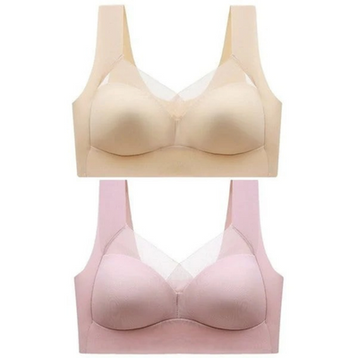 Zwei nahtlose BHs im Set, oben in Beige, unten in Rosa, mit Netzeinsatz im Ausschnitt, freigestellt. 20
