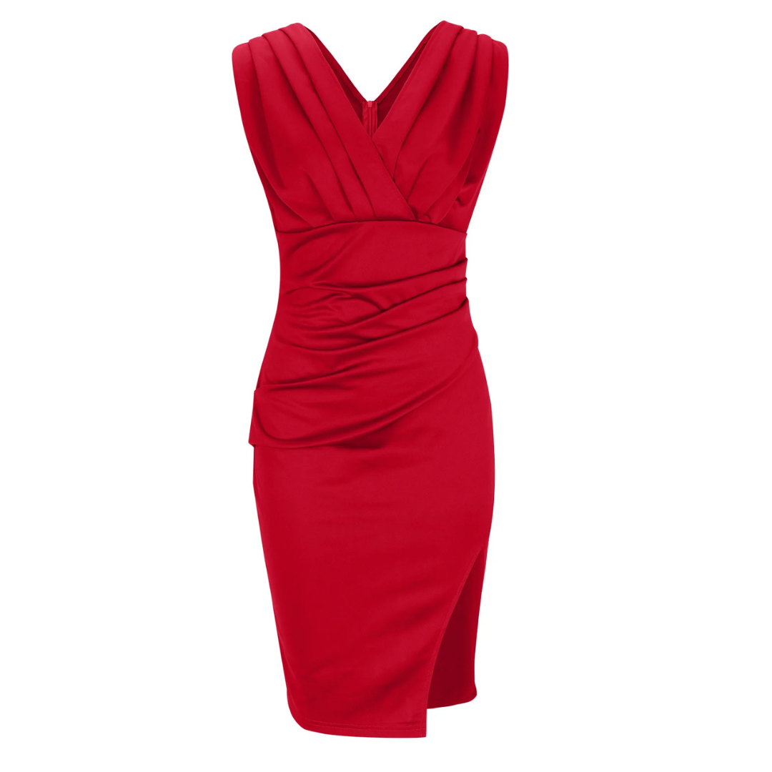 Rotes ärmelloses Kleid, elegantes Design, knielang, Abendmode, Damenbekleidung.