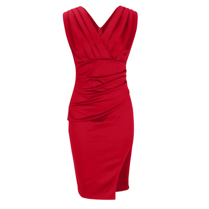 Rotes ärmelloses Kleid, elegantes Design, knielang, Abendmode, Damenbekleidung.