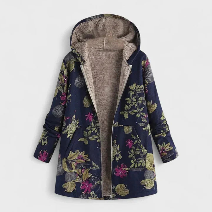 Dunkelblaue Kapuzenjacke mit pinkfarbenen Blüten und grünen Blättern, offen mit hellem Plüschfutter und Reißverschluss 3