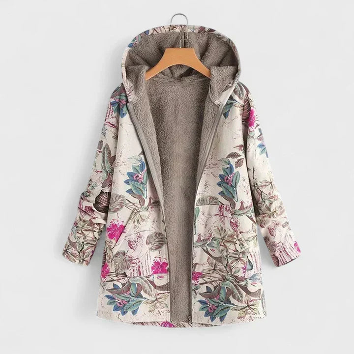 Helle Kapuzenjacke mit pinkfarbenen Blüten und blaugrünen Blättern, geöffnet am Bügel, Fleecefutter sichtbar 2