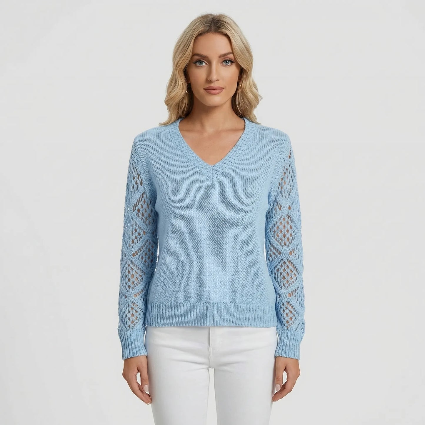 V-Neck Knitted Jumper With Open-Weave Sleeves - Audrey