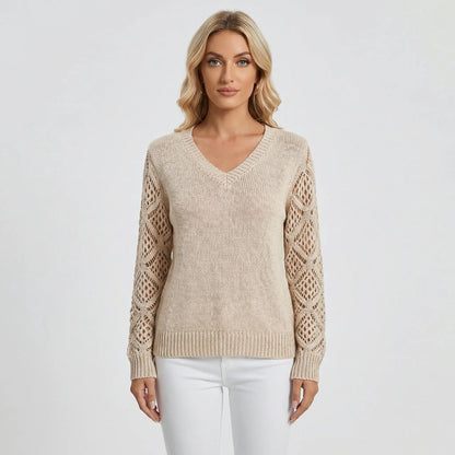 V-Neck Knitted Jumper With Open-Weave Sleeves - Audrey