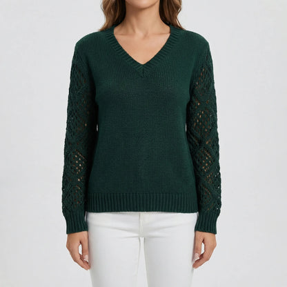 V-Neck Knitted Jumper With Open-Weave Sleeves - Audrey