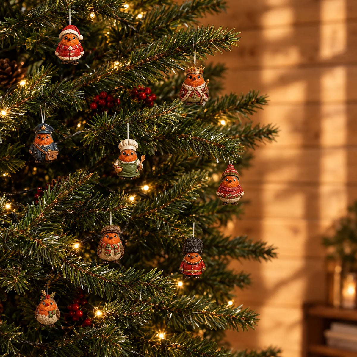 Acht kleine Rotkehlchen-Figuren in verschiedenen Kostümen hängen als Schmuck an einem beleuchteten Tannenbaum mit roten Beeren. 1