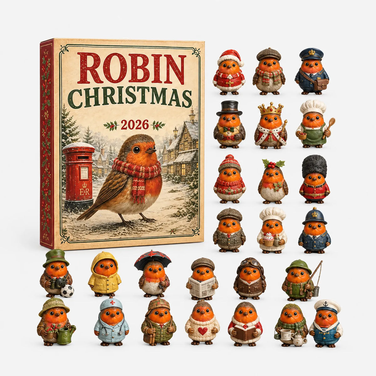 Verpackung im Vintage-Stil mit Rotkehlchen-Motiv, daneben die 24 verkleideten Rotkehlchen-Figuren, die den Kalender füllen, ordentlich aufgereiht. 2
