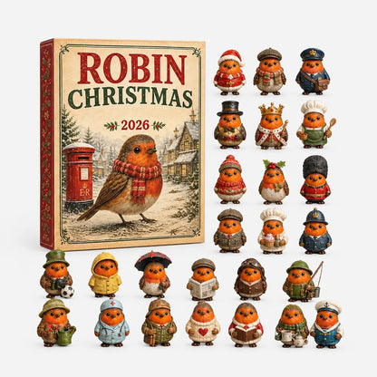 Verpackung im Vintage-Stil mit Rotkehlchen-Motiv, daneben die 24 verkleideten Rotkehlchen-Figuren, die den Kalender füllen, ordentlich aufgereiht. 2