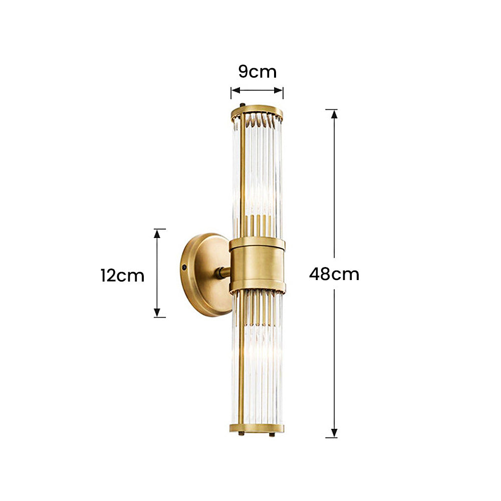 Goldene Wandleuchte aus Metall und Glas, vertikal, 48cm hoch, modernes Design.