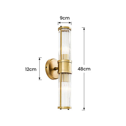 Goldene Wandleuchte aus Metall und Glas, vertikal, 48cm hoch, modernes Design.
