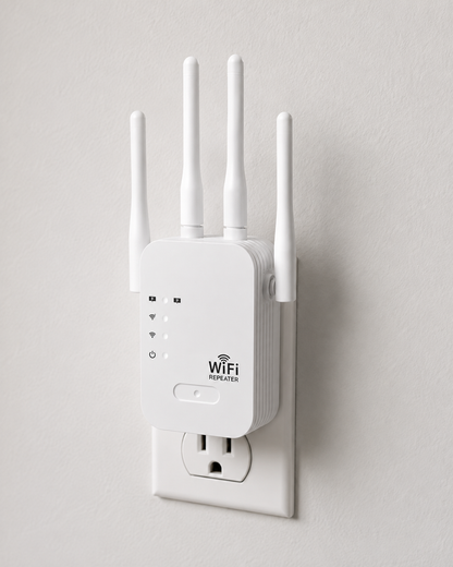 Weißer WLAN-Repeater in einer Wandsteckdose mit aufgestellten Antennen.