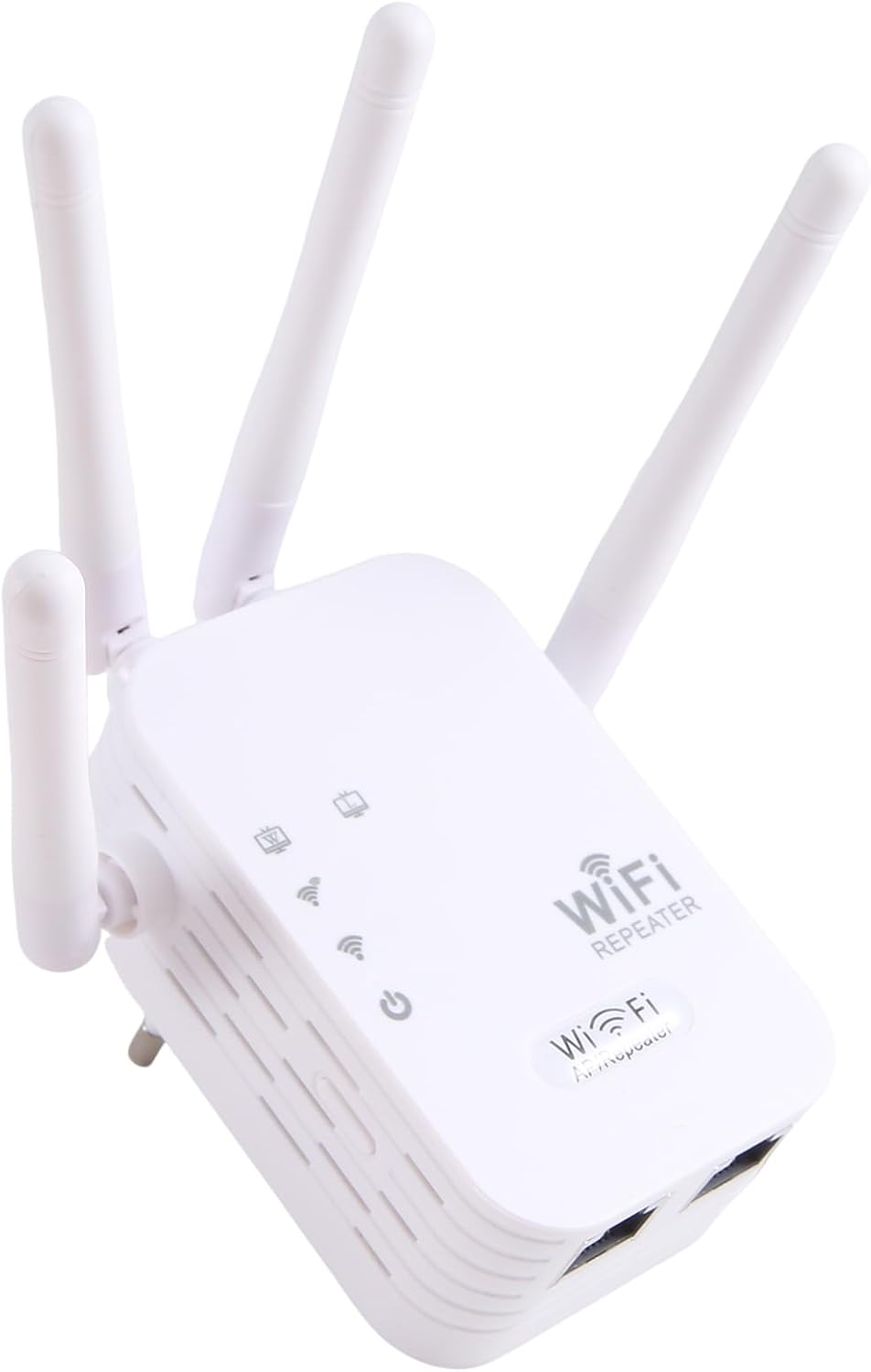 Weißer WLAN-Repeater mit gespreizten Antennen und zwei Netzwerkanschlüssen, andere Ansicht.