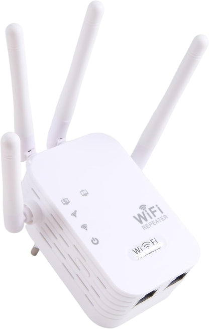 Weißer WLAN-Repeater mit gespreizten Antennen und zwei Netzwerkanschlüssen, andere Ansicht.