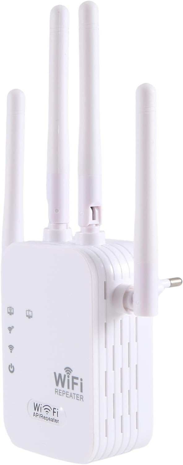 Weißer WLAN-Repeater mit vier Antennen und Eurostecker, Status-LEDs und Repeater-Modus sichtbar.