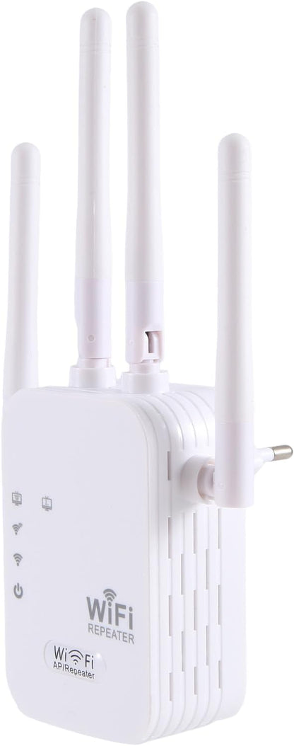Weißer WLAN-Repeater mit vier Antennen und Eurostecker, Status-LEDs und Repeater-Modus sichtbar.