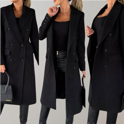 Damen Wintermantel schwarz, elegant, doppelt geknöpft, lang, modisch, warm, stilvoll.