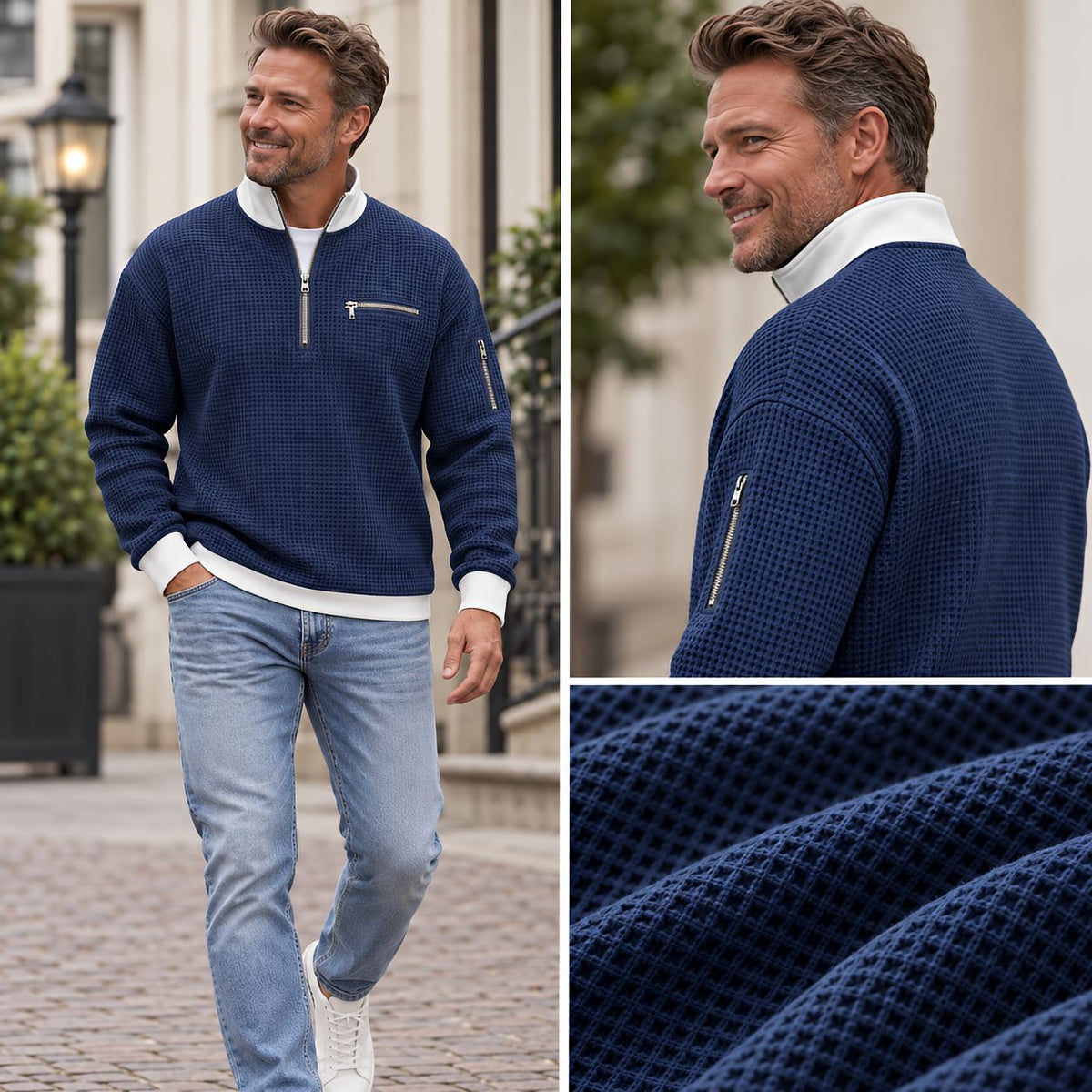 Herrenpullover in Marineblau aus Waffelstrick, Rückenansicht und Detail der Struktur.